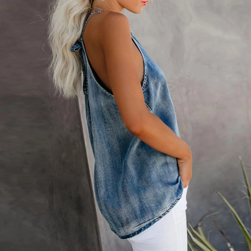 Women's Denim Open-Back Tank Top