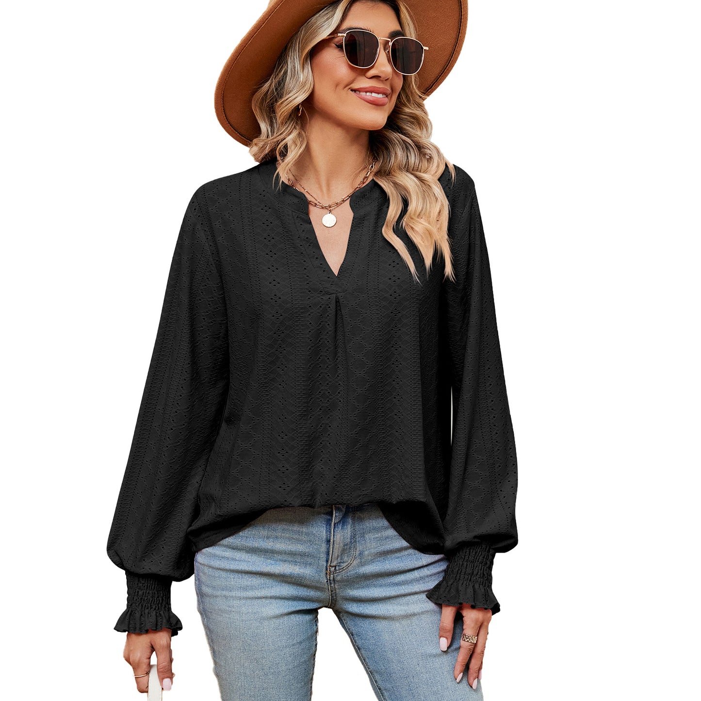 Women's Loose V-Neck Long-Sleeve