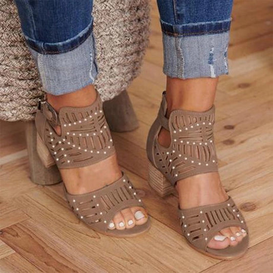 Hollow Carved Thick Heel Ladies Sandals