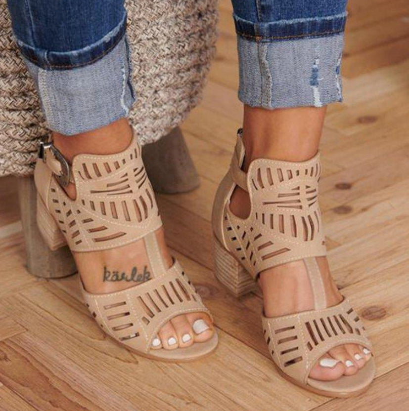 Hollow Carved Thick Heel Ladies Sandals