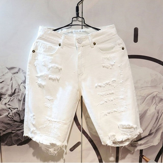Men's Casual White Ripped Denim Shorts