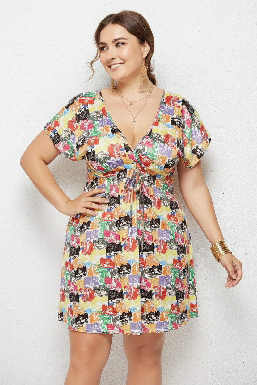 Printed Deep V-Neck Dress with Elastic Waist