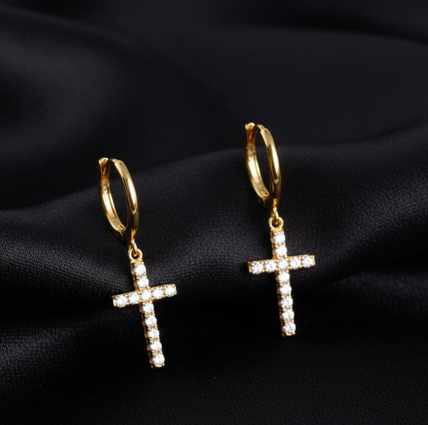 S925 Silver Cross Earrings - Diamonds