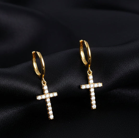 S925 Silver Cross Earrings - Diamonds